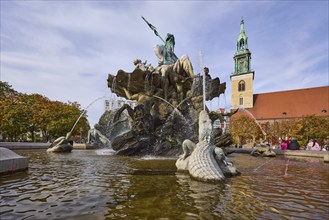 Neptune Fountain and St Mary's Church in Berlin, capital city, independent city, federal state of