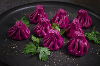 Beetroot khinkali, mini khinkali, purple, Georgian cuisine, no people