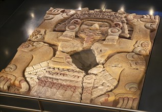 Monolith relief figure of Tlaltecuhtli, female Earth Lord goddess, museum of Templo Mayor, Mexico