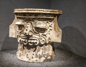 Ceramic brazier depicting face of Tlaloc, Aztec god of rain, archaeological site and museum of