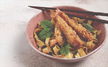 Udon noodles with shrimp in tempura, Japanese cuisine, homemade, no people