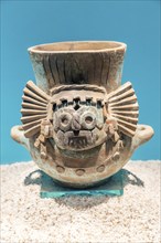 Ceramic pot depicting Tlaloc, Aztec god of rain, archaeological site and museum of Templo Mayor,