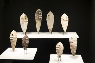 Flint and obsidian face knives with archaeological site and museum of Templo Mayor, Mexico City,