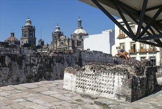 Wall of stone skulls called Tzompantli, archaeological site and museum of Templo Mayor, Mexico