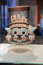 Ceramic pot depicting Tlaloc, Aztec God of rain, archaeological site and museum of Templo Mayor,