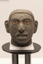 Carved stone head, archaeological site and museum of Templo Mayor, Mexico City, Mexico, Central