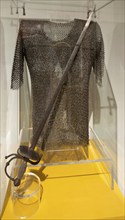 Chainmail armour and sword, Spanish colonial exhibition Palacio Canton Merida, Yucatan State,