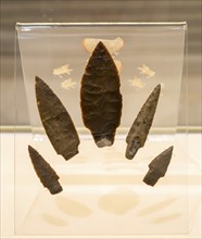 Flint spear tips, archaeology exhibition inside Palacio Canton palace anthropology museum, Merida,