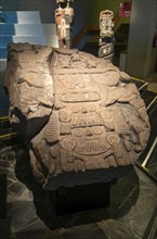 Carved stone monument depicting Tlaloc and Tlaltecuhtli, gods of rain and Earth, archaeological