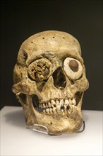 Human skull mask, archaeological site and museum of Templo Mayor, Mexico City, Mexico, Central