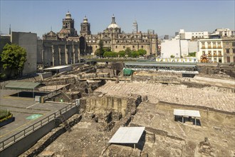 Templo Mayor archaeological Aztec city of Tenochtitlan, view to the cathedral church, Mexico City,