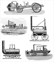 Different steam cars and steam locomotives, 18th and 19th Century, verschiedene Dampfwagen und