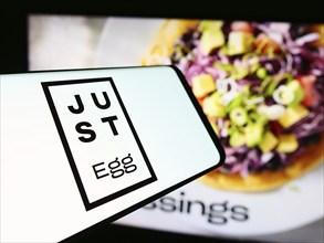 Stuttgart, Germany, 07-11-2024: Mobile phone with logo of American food technology company Eat Just