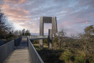 Wooden sculpture with steel walkway and viewpoint. Windsound sculpture Erbeskopf, Hilscheid,