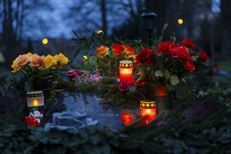 Grave lights on Sunday of the dead at the cemetery in Possendorf. Possendorf, Saxony, Germany,