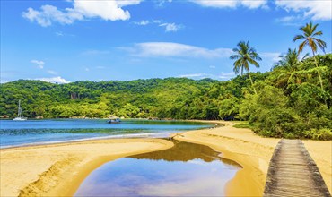 Amazing Mangrove beach and Pouso beach on with wooden bridge the big tropical island Ilha Grande