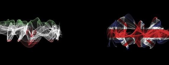 Flags of Iran and United Kingdom on Black background, Iran vs United Kingdom Smoke Flags