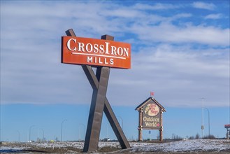 Rocky View, Alberta, Canada. Feb 20, 2024. The signage for CrossIron Mills, a prominent shopping