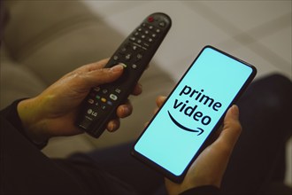 In this photo illustration, the Amazon Prime Video logo seen displayed on a smartphone