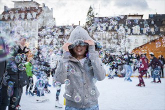 Soap bubbles at the rink. Colmar, Alsace. France