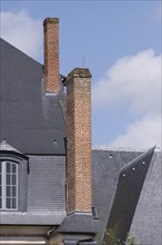 Slate roof with chimneys in the sun