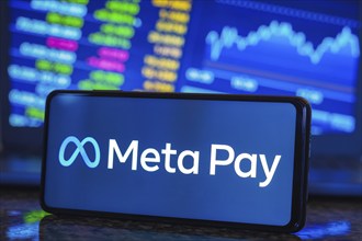 In this photo illustration, the Meta Pay logo is displayed on a smartphone screen