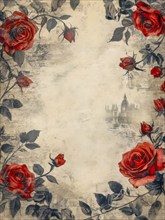 Floral border of red roses with vintage sketches of Big Ben, in an antique style, AI generated