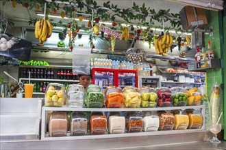 Natural tropical fruit juice shop at market. San Luis Potosi, SLP. Mexico