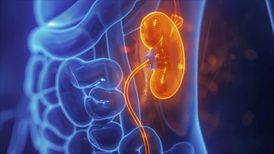 3D illustration highlighting the kidney with a glowing effect against a blue background, AI