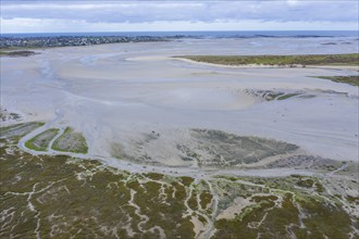 Aerial view Baie de Goulven bay at Keremma dune on the English Channel at low tide, sandbanks,