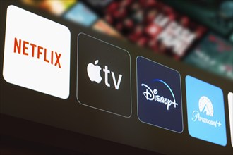 In this photo illustration the Netflix, Apple TV, Disney Plus and Paramount Plus logo is displayed