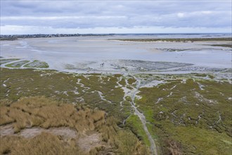 Aerial view Baie de Goulven bay at Keremma dune on the English Channel at low tide, sandbanks,