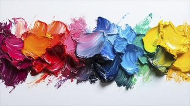 Thick, vivid oil paint dabs in rainbow colors on a white background, showcasing texture, AI