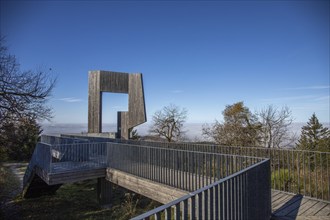 Wooden sculpture with steel walkway and viewpoint. Windsound sculpture Erbeskopf, Hilscheid,