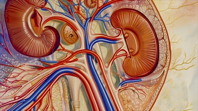 Detailed anatomical illustration of kidneys with arteries and veins, AI generated