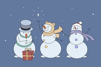 Diverse happy snowmen in hats and scarves congratulate with New Year holidays. Smiling snow men for