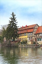 Bamberg city center view with river, half-timbered colorful houses on water, Germany, Europe