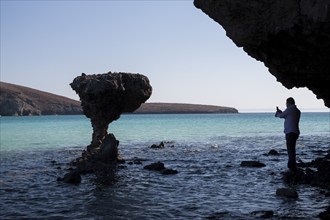 Mushroom of rock at sunset in balandra beach. La Paz, Baja California Sur. Mexico