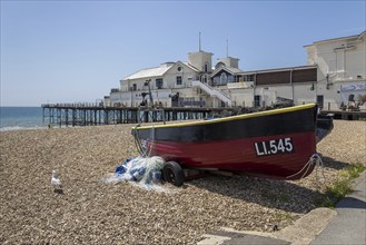 Bognor Regis, West Sussex, UK, June 25. Fishing boat on the beach at Bognor Regis, West Sussex on