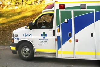 Calgary, Alberta, Canada. Oct 8, 2023. A close up to an EMS Alberta Health Services ambulance