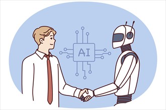 Man shakes hands with robot as sign of friendship between humans and artificial intelligence AI.