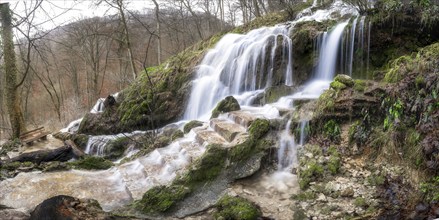 Panorama of waterfall in Bad Urach near Reutlingen after flooding