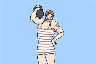 Male circus powerlifter with tattoo wear tricot lift dumbbell show power. Strongman or weightlifter