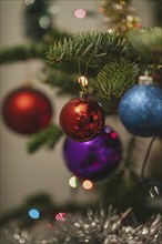 Christmas decorations on the Christmas tree, Christmas tree bauble. Christmas warm mood