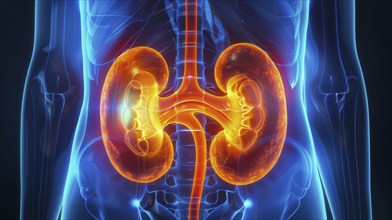 3D visualization of the human kidneys glowing in orange against a blue-toned x-ray style, AI