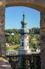 View from a church steeple seen from a medieval courtyard of Burghausen Castle in Bavaria, Germany,