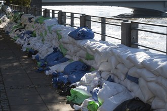 Reinforcement of river embankments with sandbags, flood risk in Poland