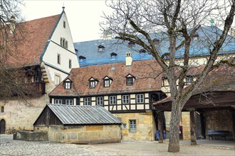 Bamberg city center street view with half-timbered colorful houses