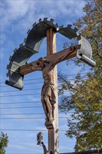 Crucifix on a war memorial, Dietmannsried, Allgäu, Bavaria, Germany, Europe