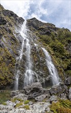 Earland Falls at the famous Routeburn Track, Fiordland National Park, South Island of New Zealand